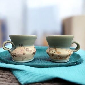 Katy Began Handcrafted Ceramic Mugs, Floral Studio Pottery, Blue Glaze - Signed